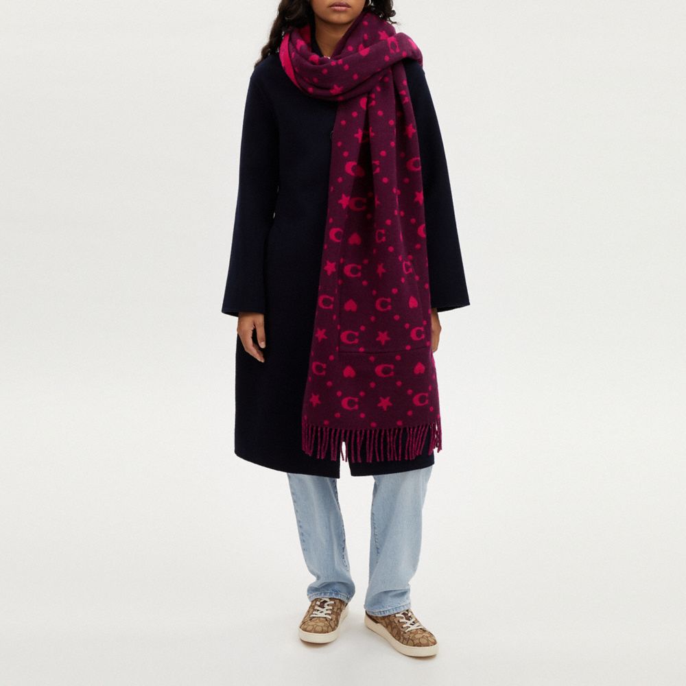 Stars And Hearts Print Oversized Muffler With Pockets