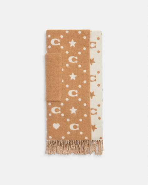 COACH®,STARS AND HEARTS PRINT OVERSIZED MUFFLER WITH POCKETS,Taupe,Front View