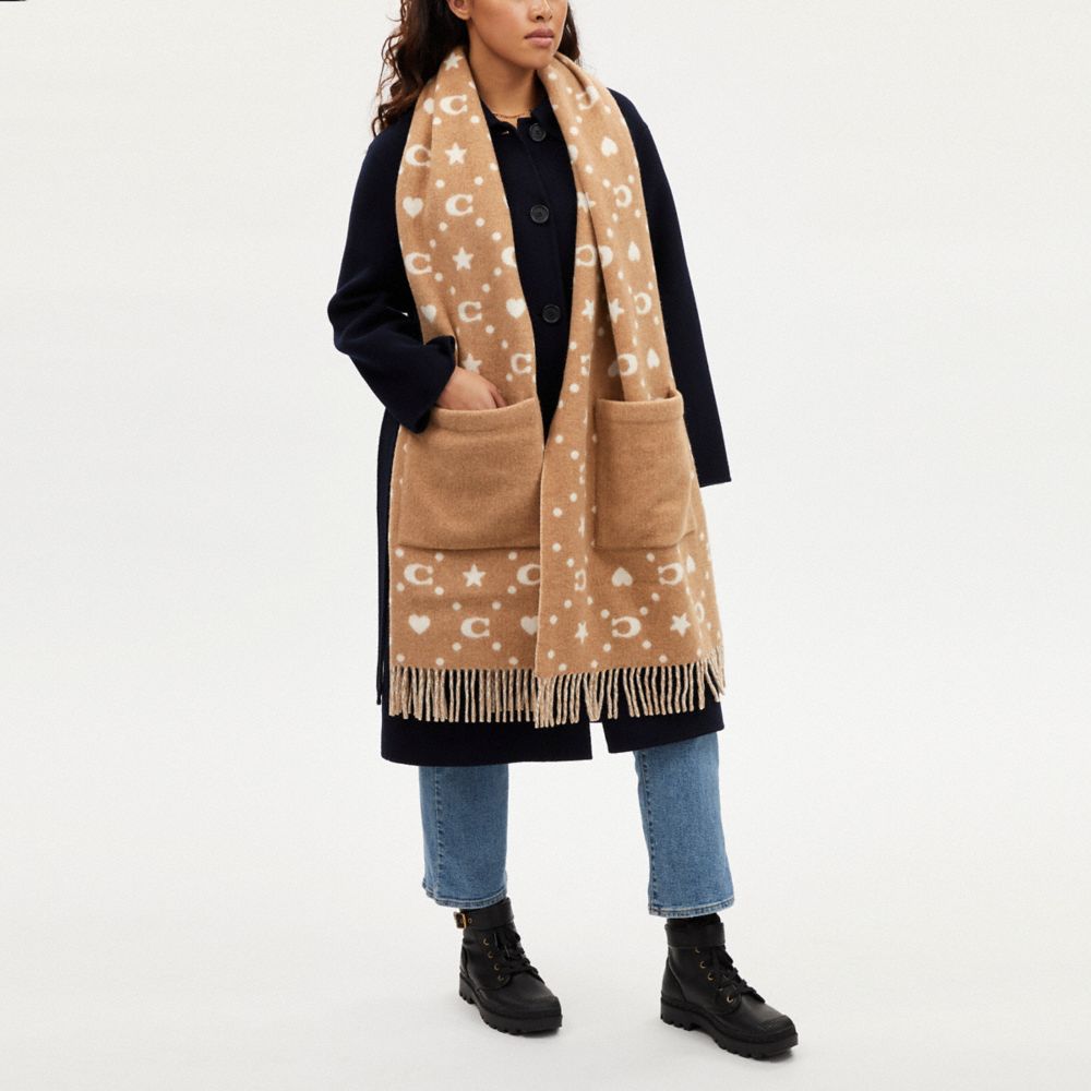COACH®,STARS AND HEARTS PRINT OVERSIZED MUFFLER WITH POCKETS,Taupe,Detail View
