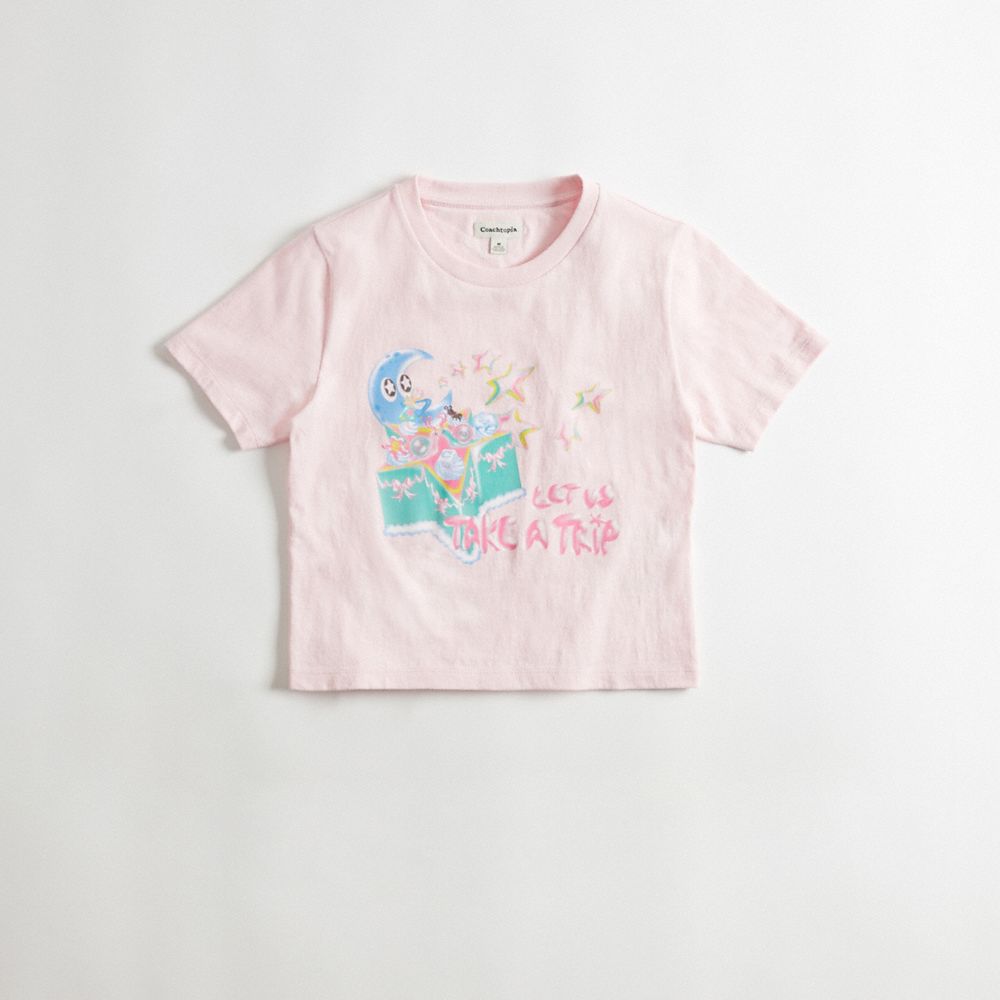 COACH®,Baby T-Shirt in 100% Recycled Cotton: Let us Take a Trip,95% recycled cotton,Pink/Multi,Front View image number 0