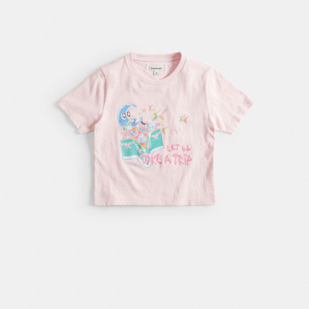 COACH®,Cropped Tee: Let Us Take a Trip,95% recycled cotton,Pink/Multi,Front View