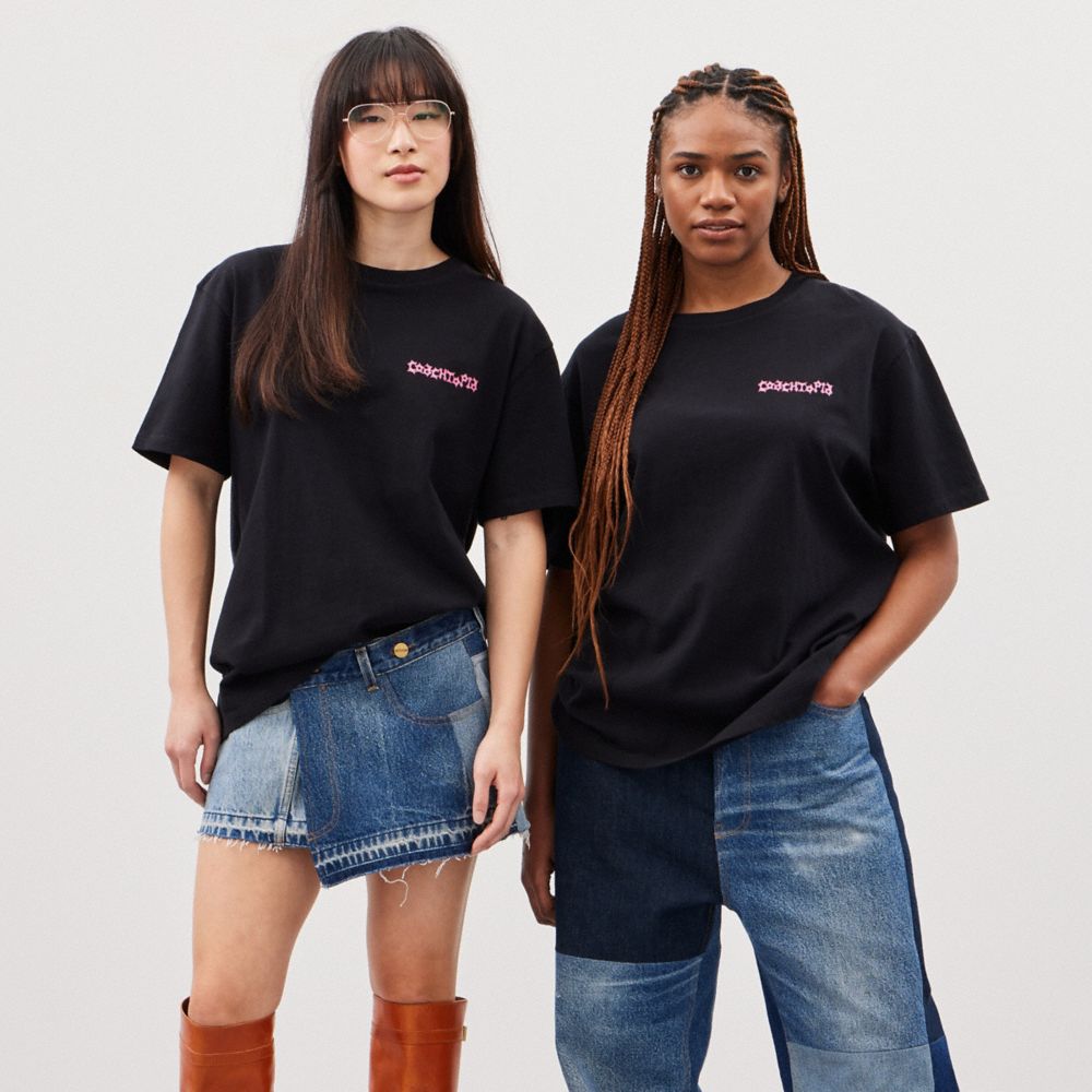 COACH®,Relaxed T Shirt With This Is Coachtopia Print,Recycled Cotton,Nylon,Recycled Polyester,T Shirt,Casual,Black,Scale View