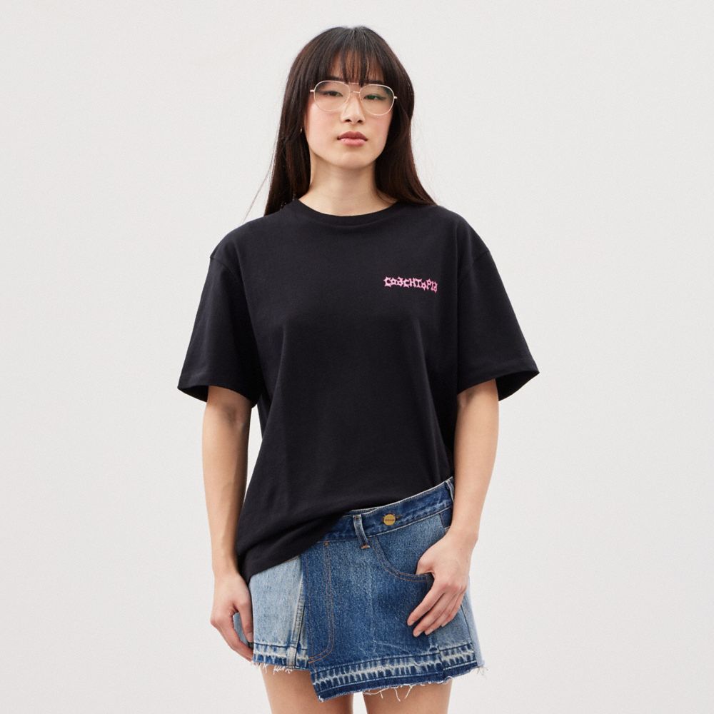 COACH®,Relaxed T Shirt With This Is Coachtopia Print,Recycled Cotton,Nylon,Recycled Polyester,T Shirt,Casual,Black,Scale View