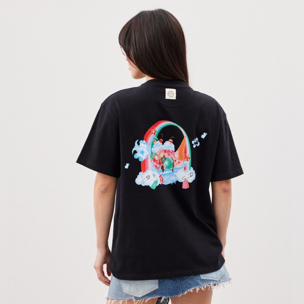 COACH®,Relaxed T Shirt With This Is Coachtopia Print,Recycled Cotton,Nylon,Recycled Polyester,T Shirt,Casual,Black,Scale View