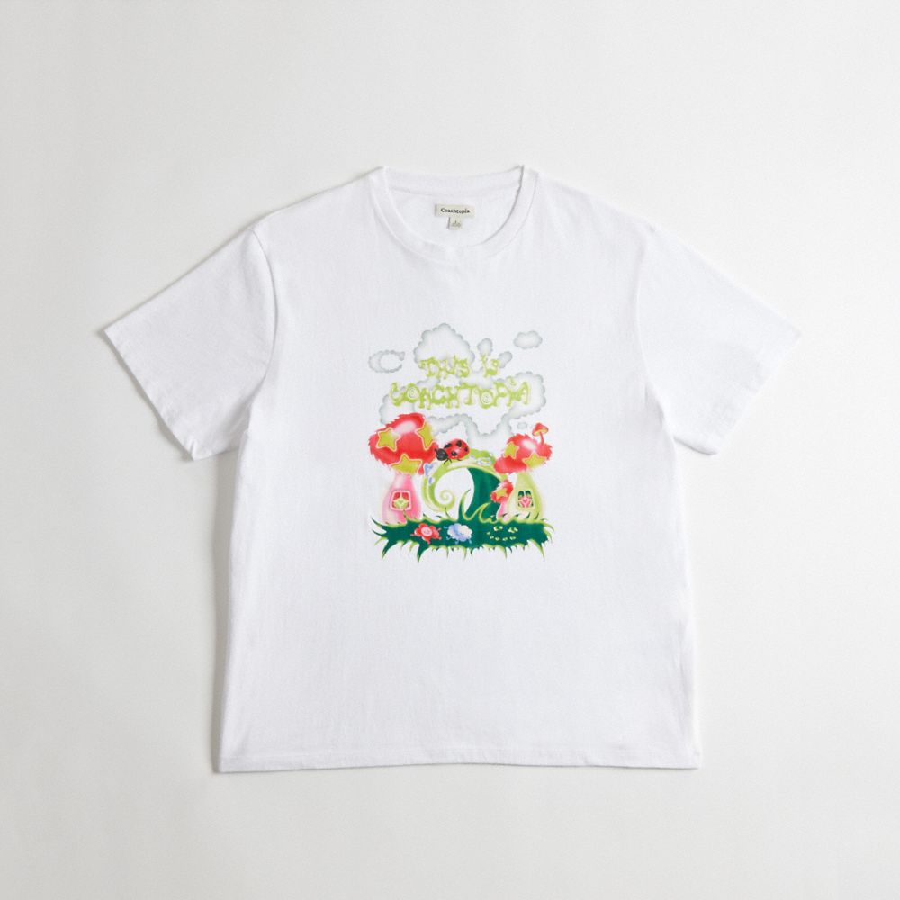 COACH®,Relaxed T-Shirt in 97% Recycled Cotton: This is Coachtopia,95% recycled cotton,White,Front View image number 0