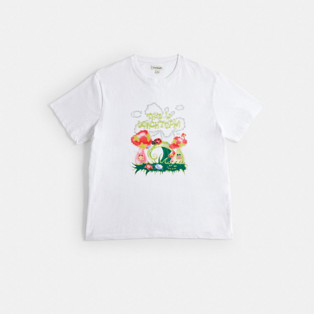 COACH®,Relaxed T Shirt With This Is Coachtopia Print,Recycled Cotton,T Shirt,Logo,Word Embellishment,Casual,White,Front View