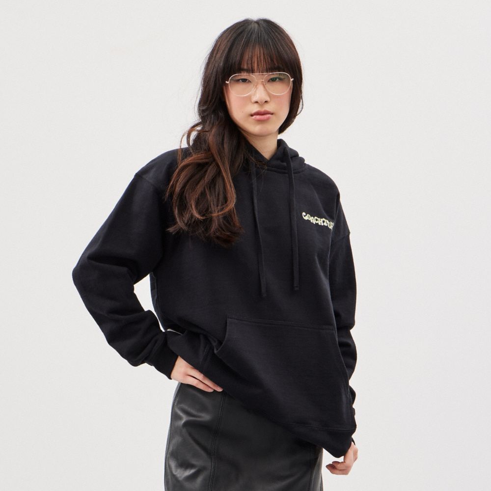 COACH®,Hoodie With This Is Coachtopia Print,Recycled Cotton,Recycled Polyester,Nylon,Sweatshirt,Logo,Word Embellishment,Dr...,Black,Scale View