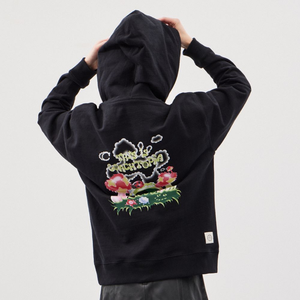COACH®,Hoodie With This Is Coachtopia Print,Recycled Cotton,Recycled Polyester,Nylon,Sweatshirt,Logo,Word Embellishment,Dr...,Black,Scale View