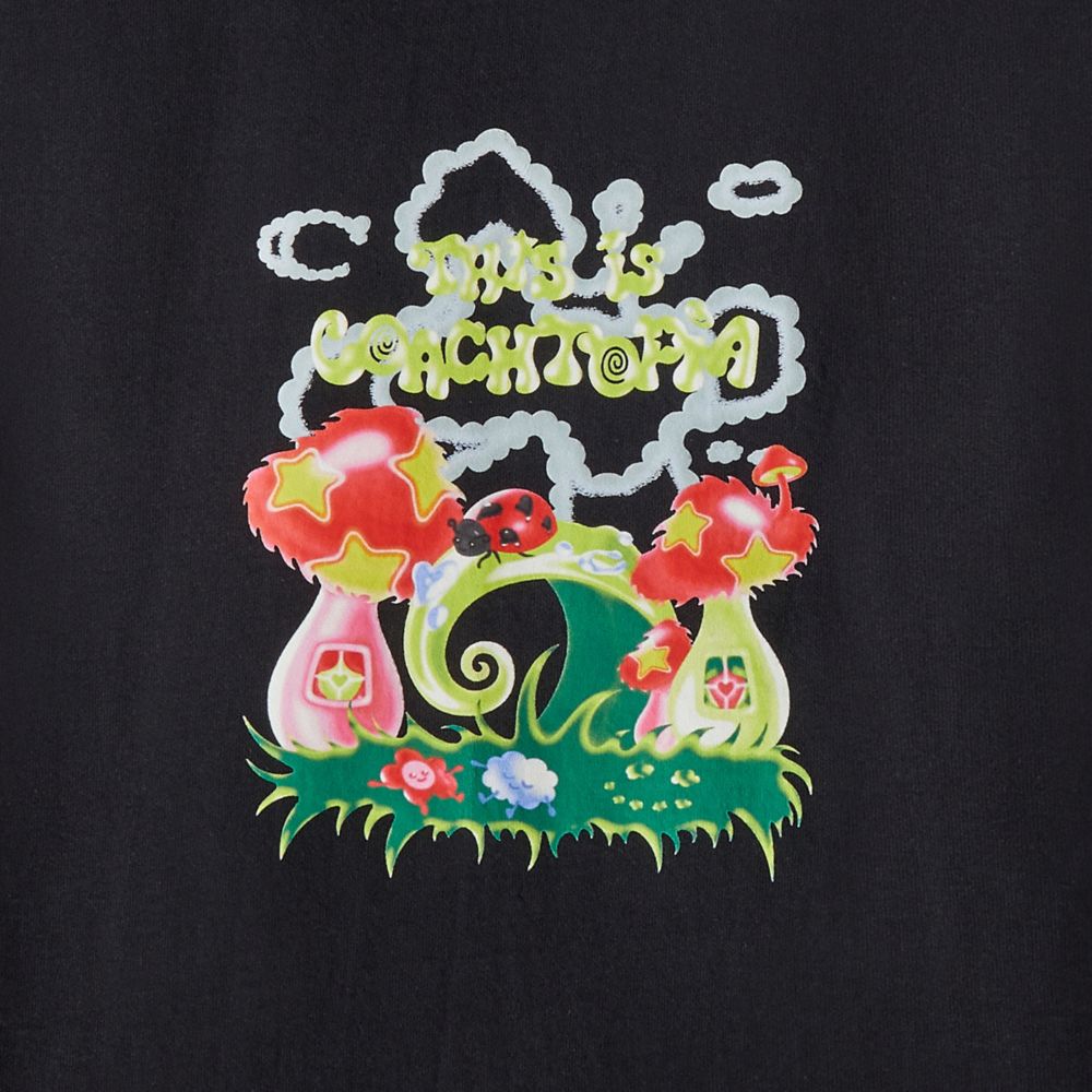 COACH®,Hoodie With This Is Coachtopia Print,Recycled Cotton,Recycled Polyester,Nylon,Sweatshirt,Logo,Word Embellishment,Dr...,Black,Closer View