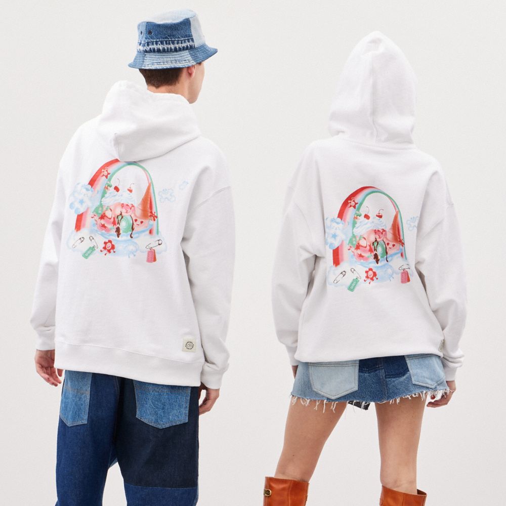 COACH®,Hoodie With This Is Coachtopia Print,Ringspun Cotton,Recycled Cotton,Nylon,Sweatshirt,Logo,Word Embellishment,Draws...,White,Scale View