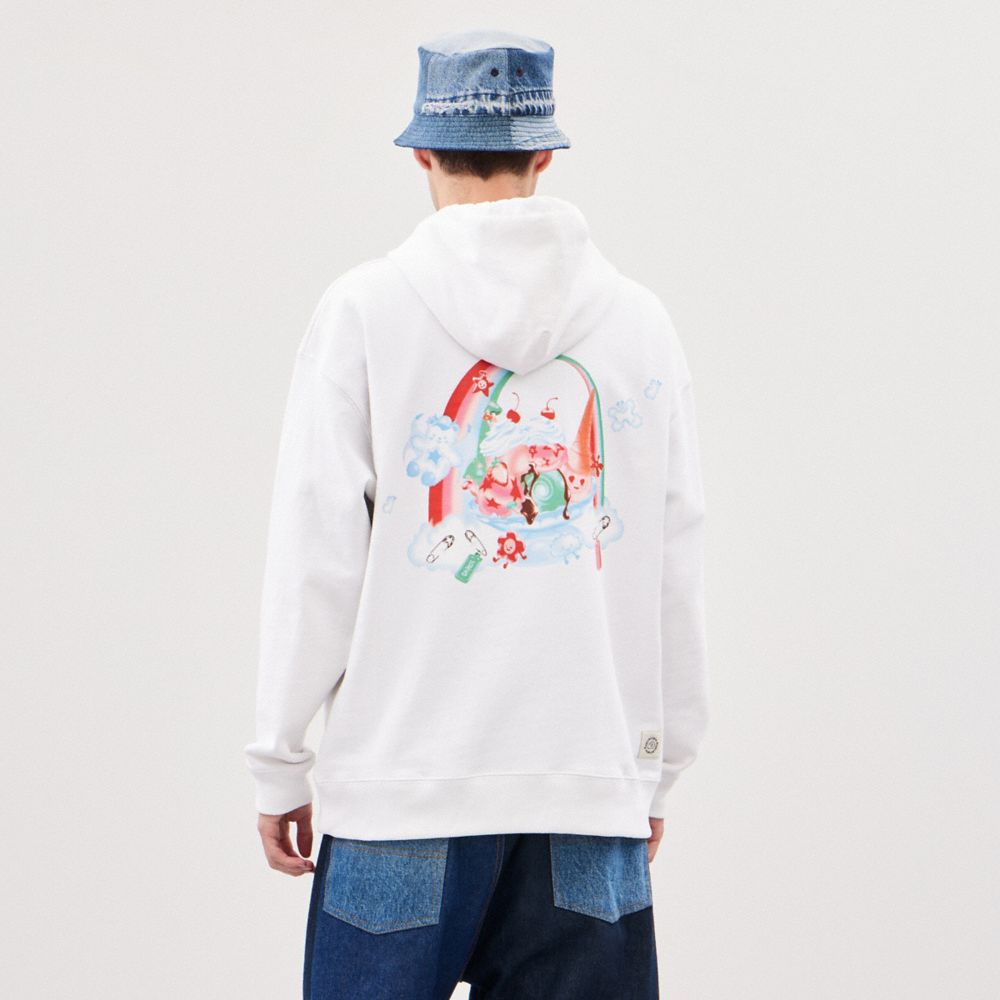 COACH®,Hoodie With This Is Coachtopia Print,Ringspun Cotton,Recycled Cotton,Nylon,Sweatshirt,Logo,Word Embellishment,Draws...,White,Scale View