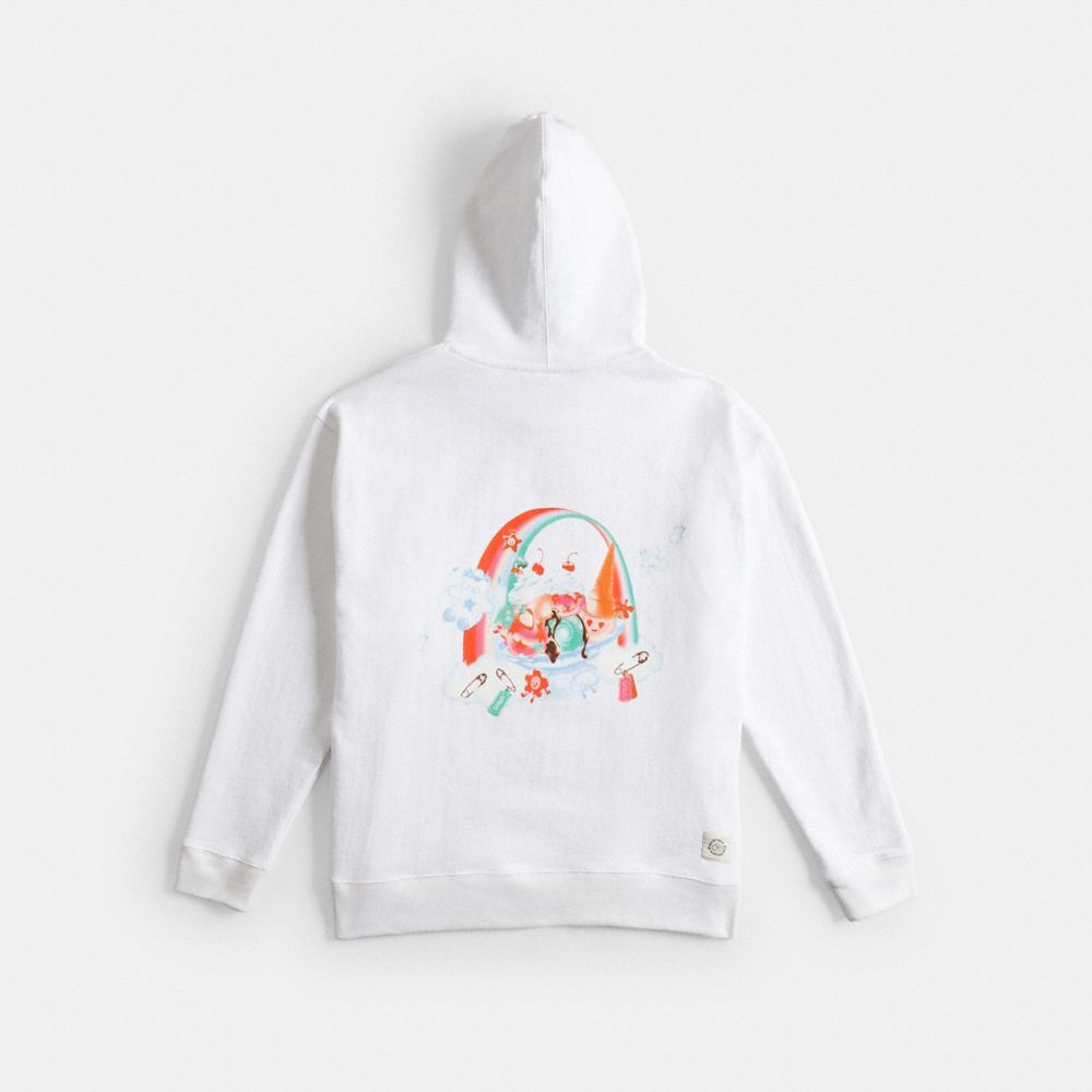 COACH®,Hoodie With This Is Coachtopia Print,Ringspun Cotton,Recycled Cotton,Nylon,Sweatshirt,Logo,Word Embellishment,Draws...,White,Back View