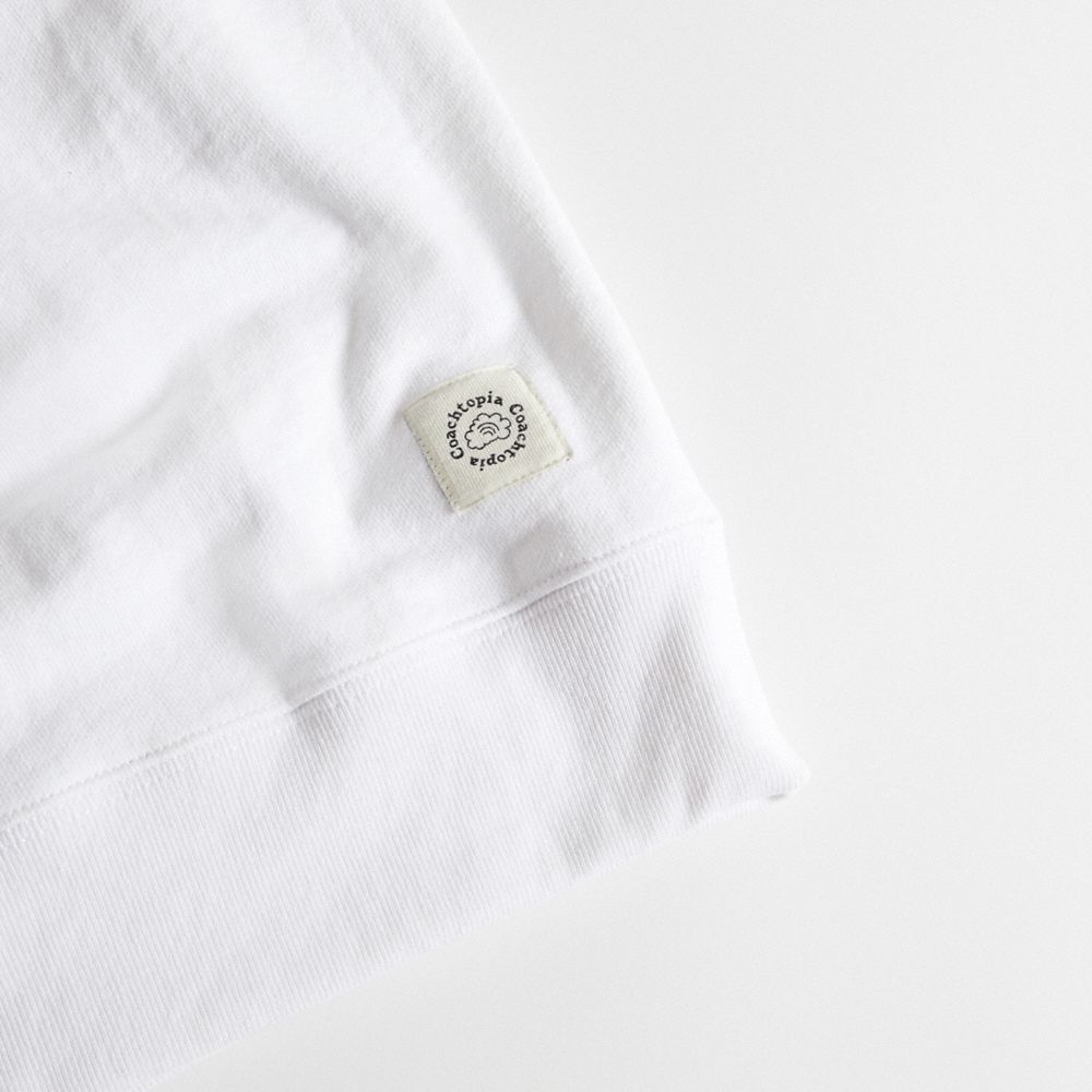 COACH®,Hoodie With This Is Coachtopia Print,Ringspun Cotton,Recycled Cotton,Nylon,Sweatshirt,Logo,Word Embellishment,Draws...,White