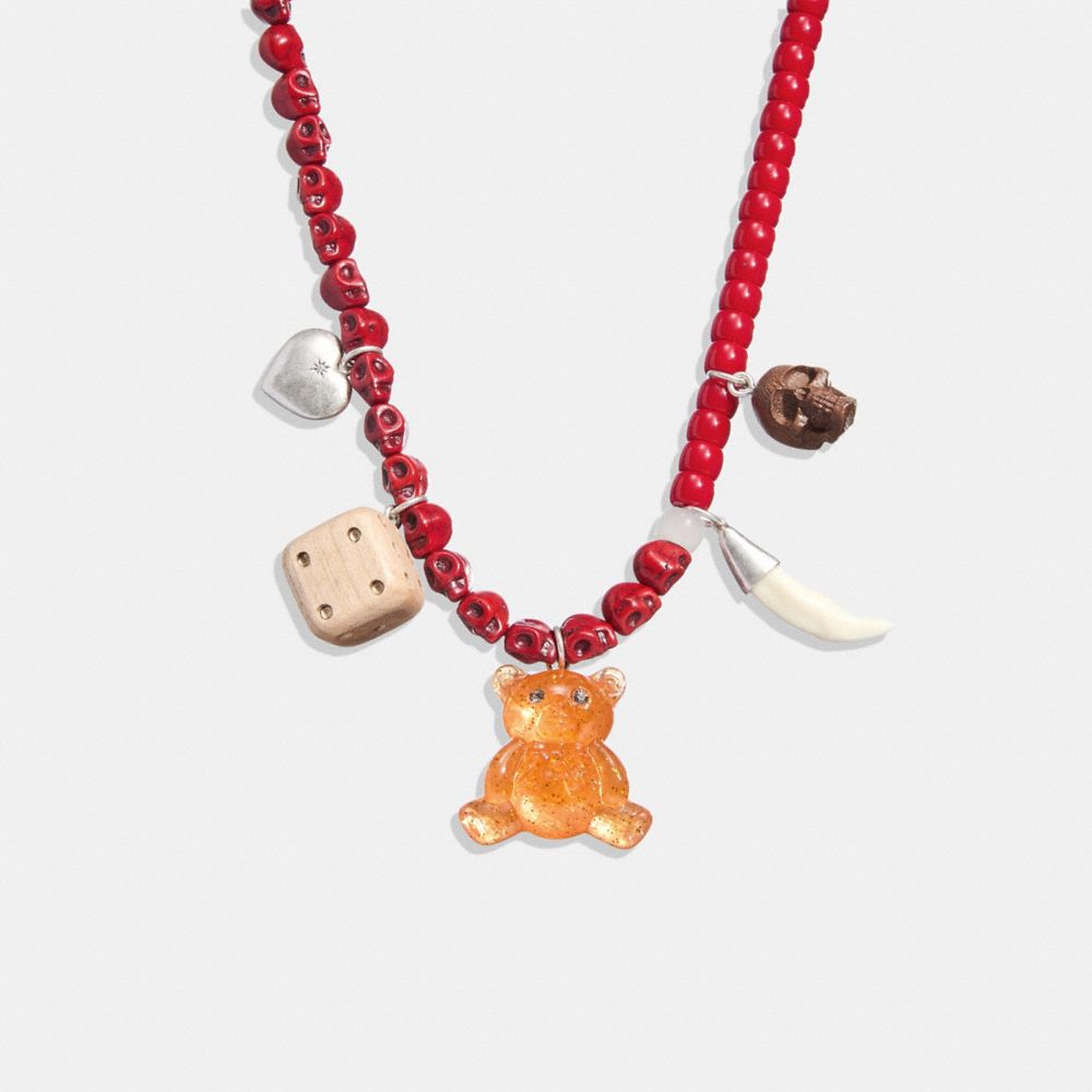 COACH®,TEDDY BEAR CHARM NECKLACE,Plated Brass/Resin,Silver/Red,Front View image number 0