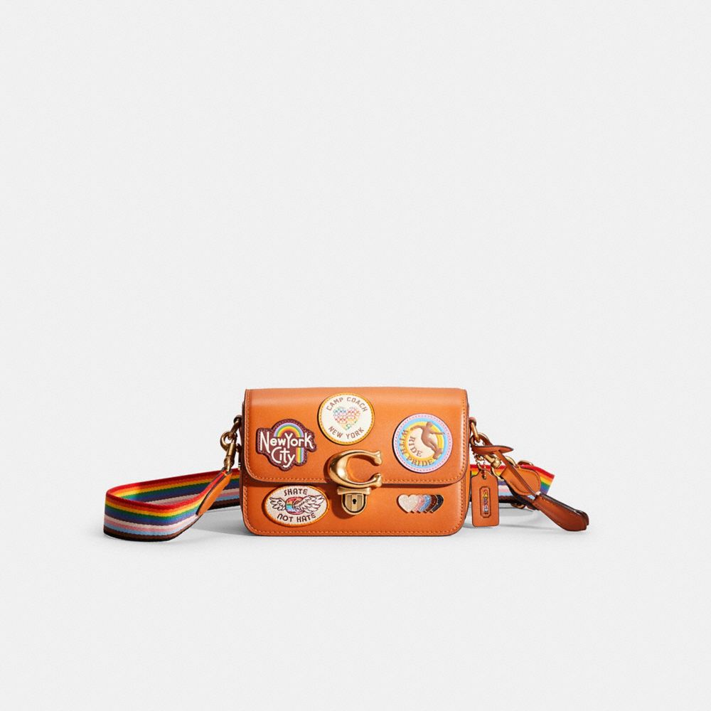 COACH®,Restored Studio Shoulder Bag 19 With Patches,Shoulder Bag,Applique,Metal,Stripe,Logo,Compact,Pen Holder,Casual,Orange,Front View