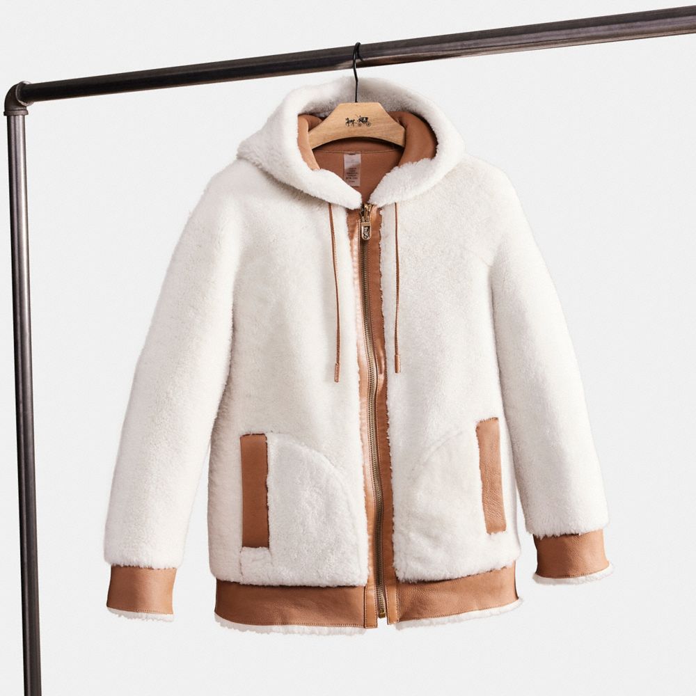 COACH®,RESTORED REVERSIBLE SHEARLING HOODIE,Shearling,Cream/Pecan,Front View