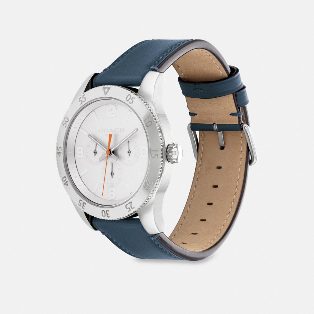 COACH®,Casey Watch, 42 Mm,Analog,Mineral,Leather,Crystal,Water Resistant,Stainless Steel,Silver Metal,Casual,Navy,Angle View