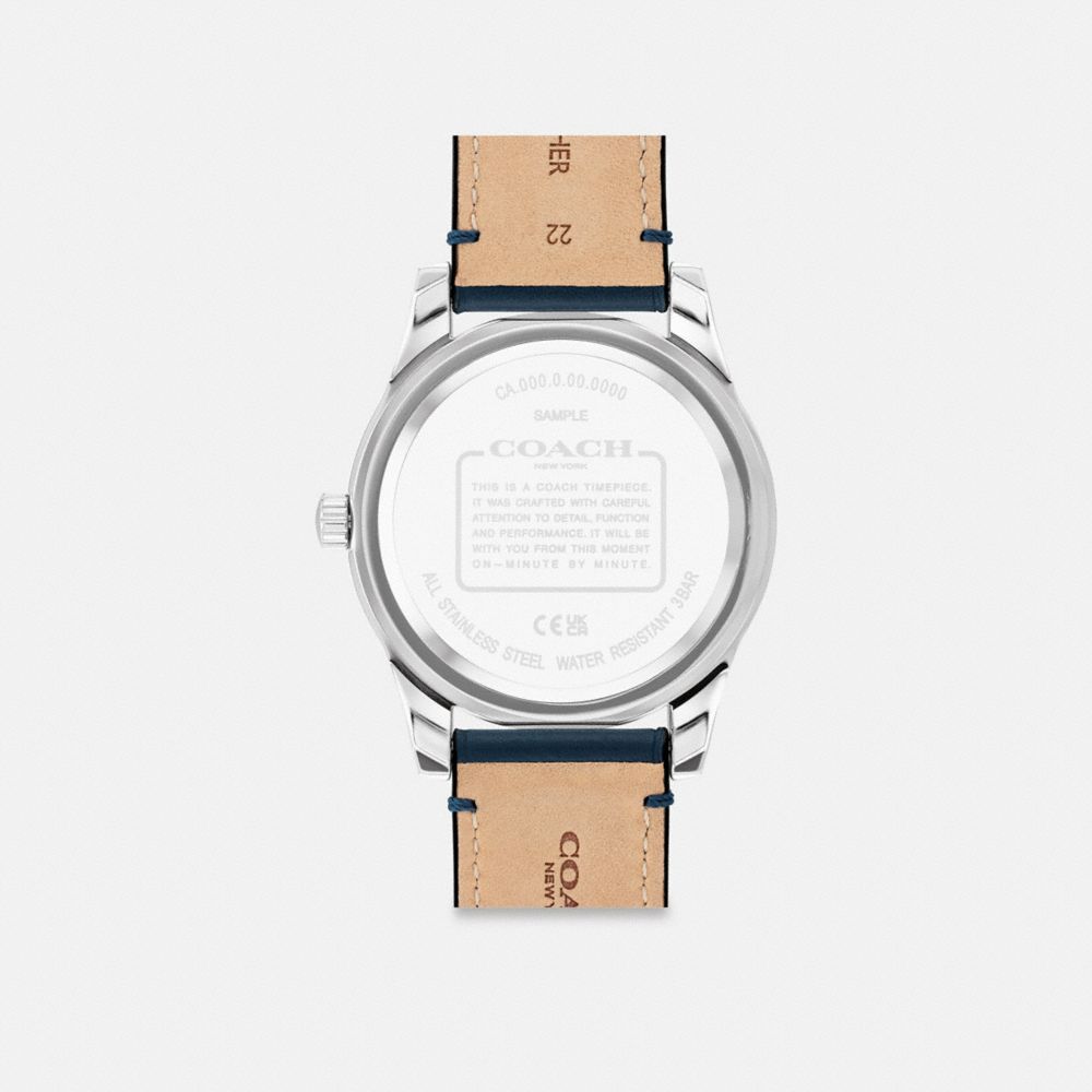 COACH®,Casey Watch, 42 Mm,Analog,Mineral,Leather,Crystal,Water Resistant,Stainless Steel,Silver Metal,Casual,Navy,Back View
