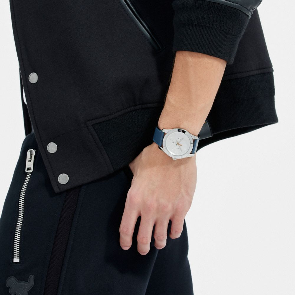 COACH®,Casey Watch, 42 Mm,Analog,Mineral,Leather,Crystal,Water Resistant,Stainless Steel,Silver Metal,Casual,Navy,Detail View
