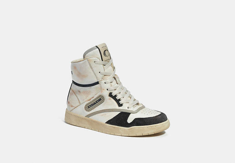 COACH®,HIGH TOP SNEAKER,Leather/Suede,White & Black,Front View