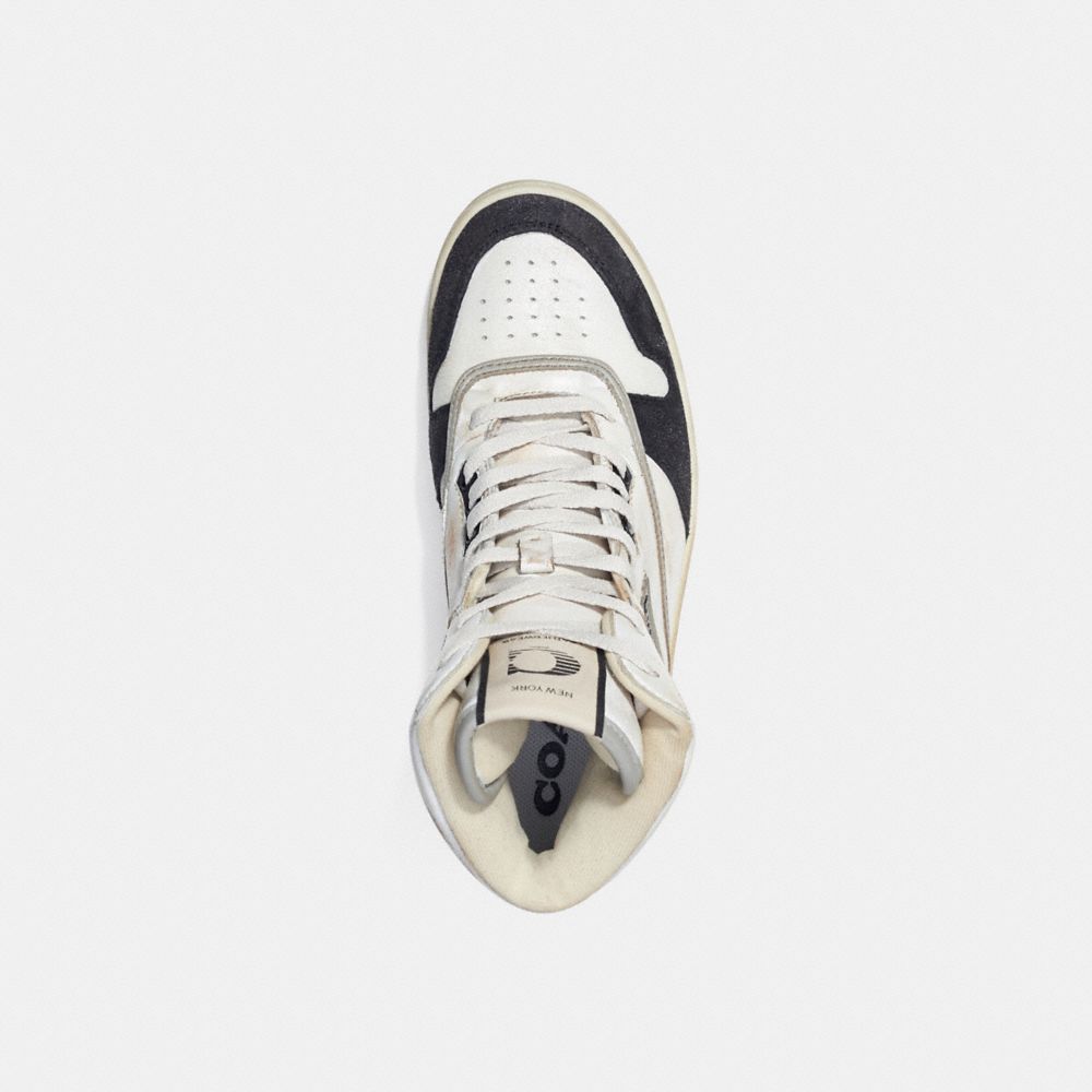 COACH®,High Top Sneaker,Leather,Suede,Rubber,Casual,High Top,Mixed Media,Piping,Color Block,Perforated,Casual,Cream,Inside View,Top View