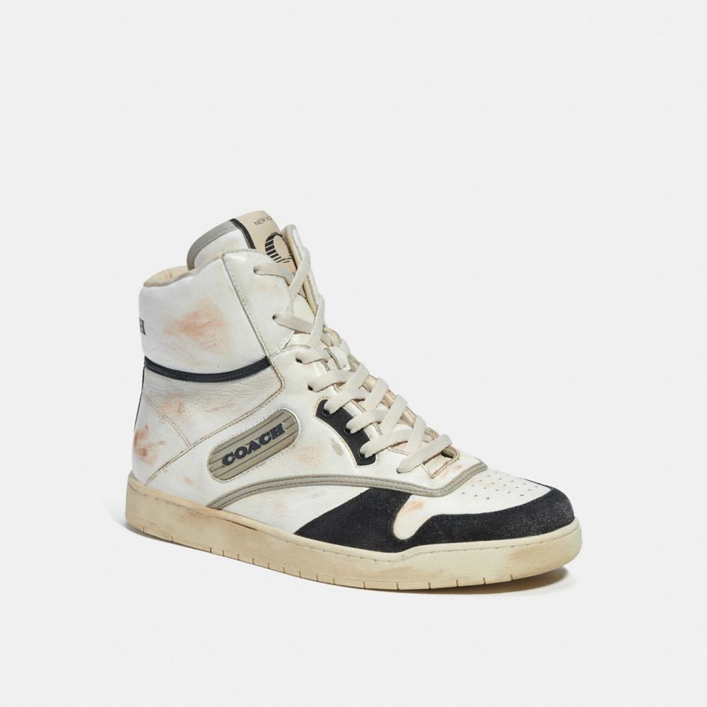 COACH®,DISTRESSED HIGH TOP SNEAKER,Leather,White & Black,Front View