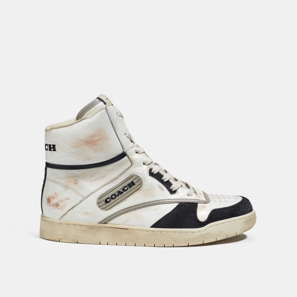 COACH®,DISTRESSED HIGH TOP SNEAKER,Leather,White & Black,Angle View