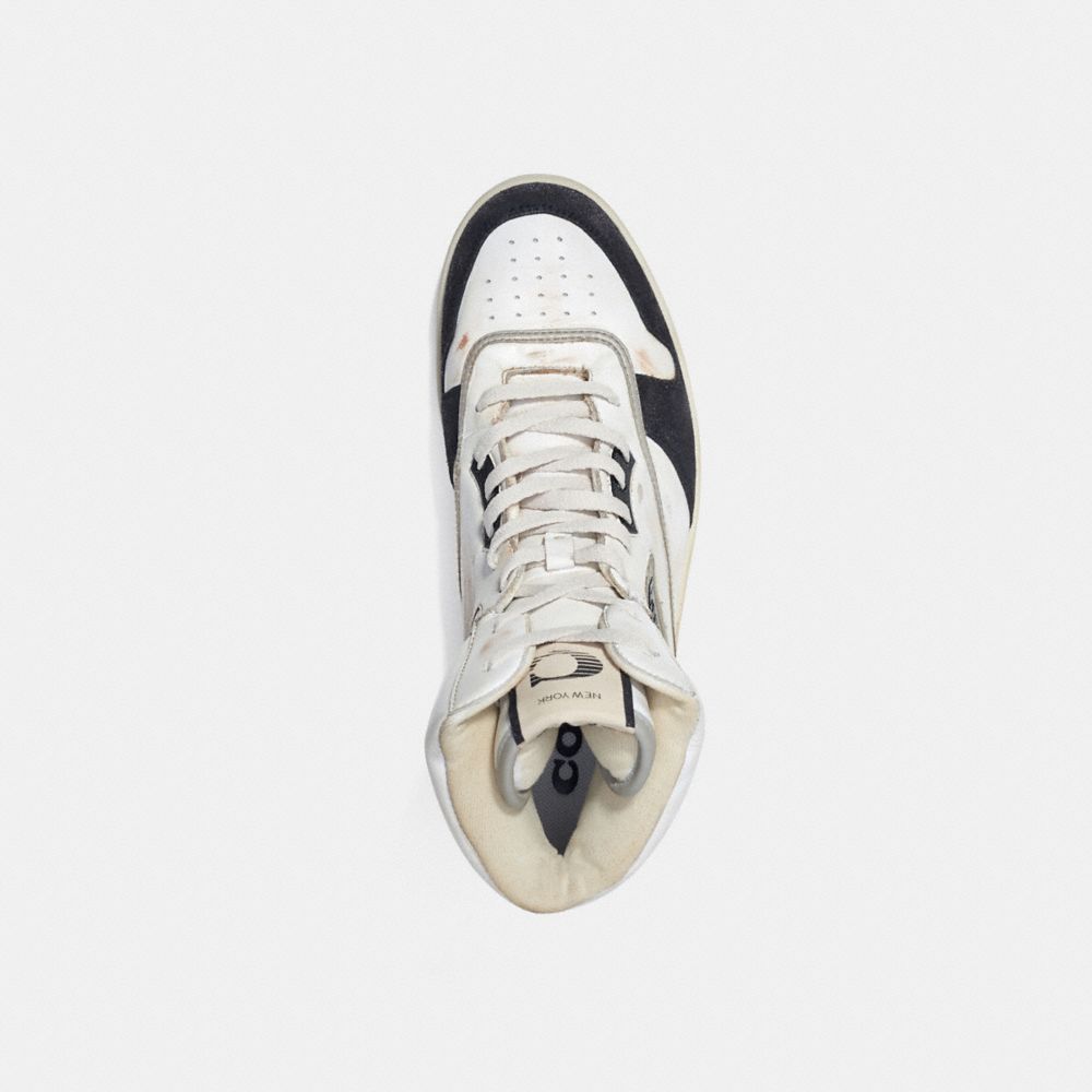 COACH®,DISTRESSED HIGH TOP SNEAKER,Leather,White & Black,Inside View,Top View