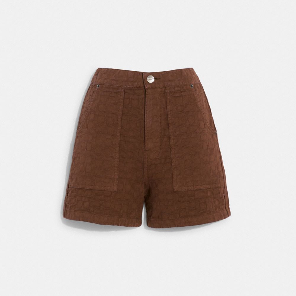 COACH®,SIGNATURE JACQUARD DENIM SHORTS,Brown Signature,Front View image number 0