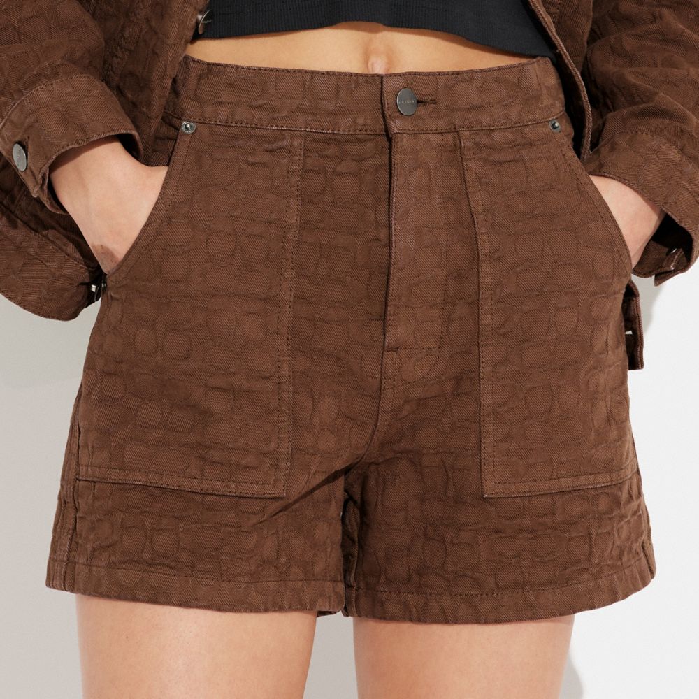 COACH®,Signature Jacquard Denim Shorts,Cotton,Leather,Denim,Cargo,Logo,Casual,Brown,Detail View