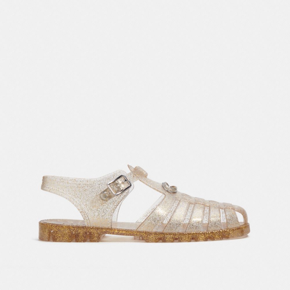 COACH®,JELLY FISHERMAN SANDAL,Rubber,Gold,Angle View