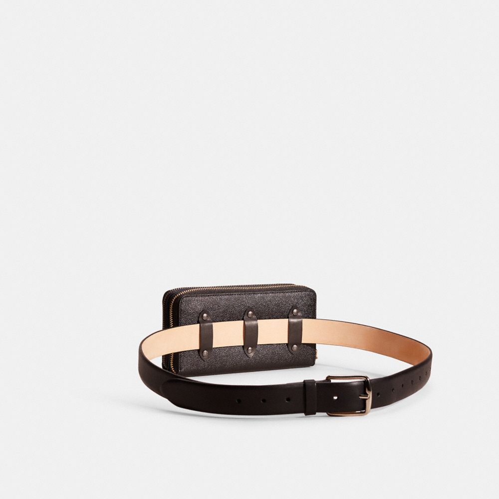 COACH®,Upcrafted Belt Bag Creation,Leather,Continental,Logo,Studded,Metal,Sustainable,Casual,Black,Angle View