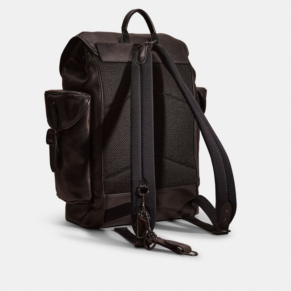 COACH®,Upcrafted Hitch Backpack,Leather,Backpack,Plastic,Logo,Studded,Adjustable,Bronze Metal,Casual,Brown,Angle View