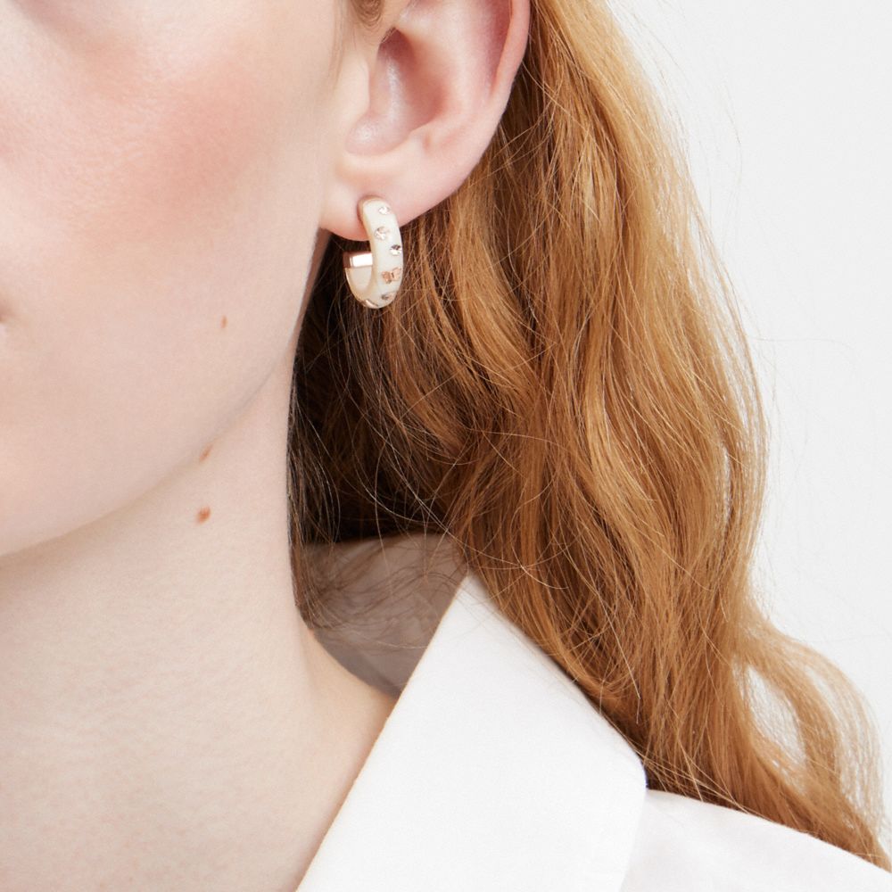 COACH®,SIGNATURE RESIN CHUBBY HOOP EARRINGS,Rose Gold/Chalk,Detail View