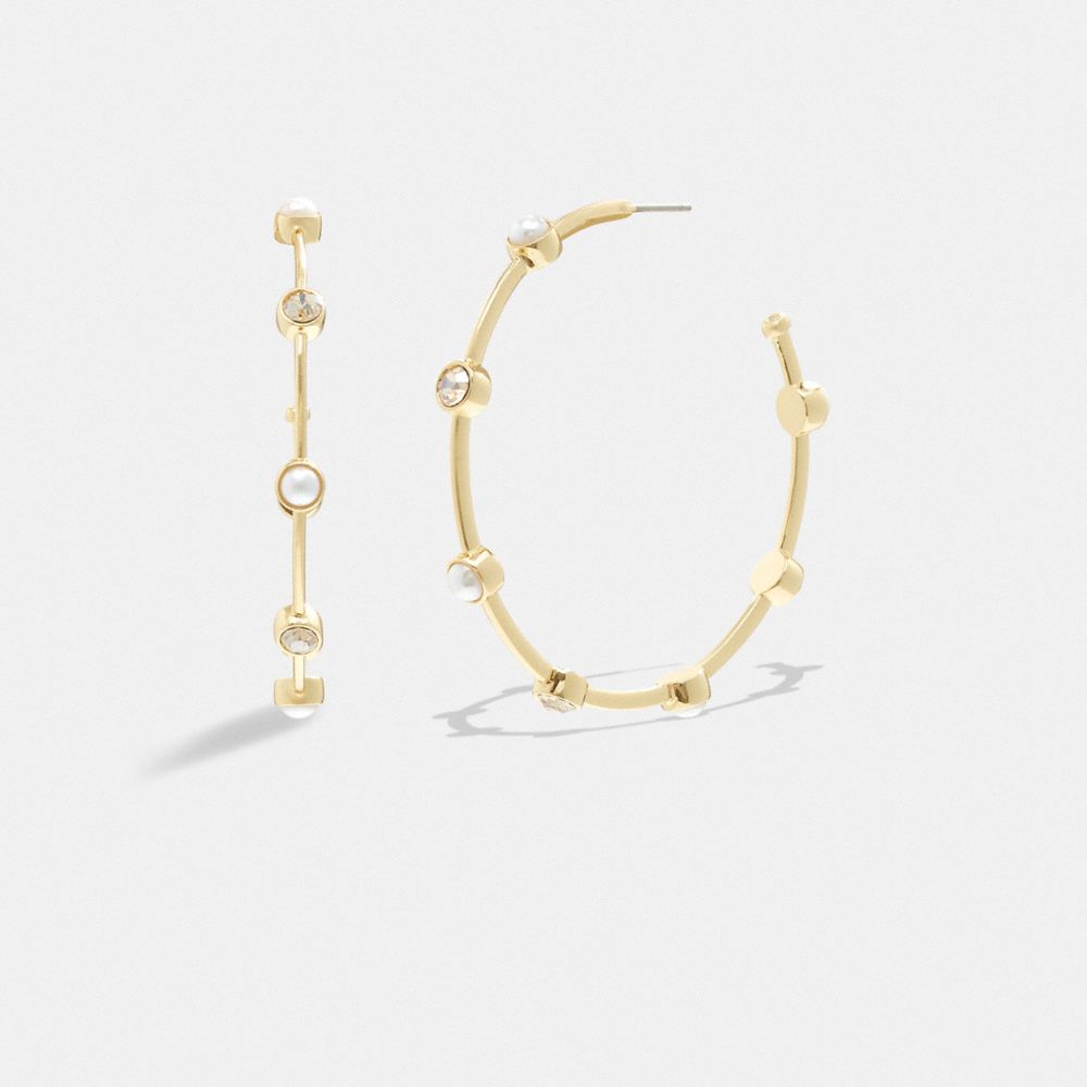 COACH®,CLASSIC PEARL LARGE HOOP EARRINGS,Plated Brass,Gold/Pearl,Front View image number 0