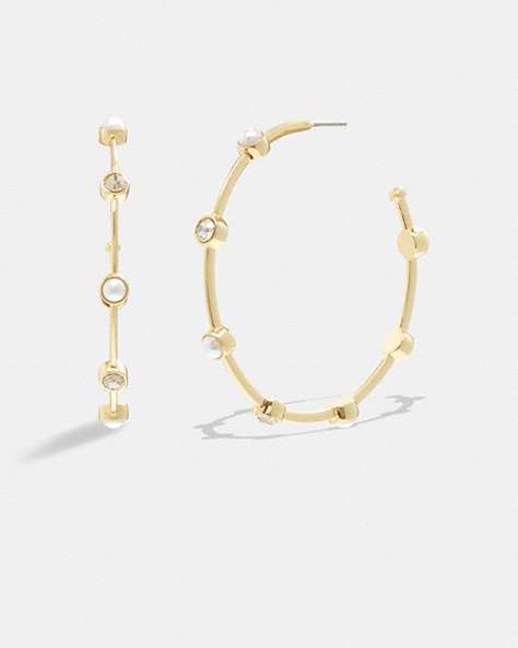 COACH®,CLASSIC PEARL LARGE HOOP EARRINGS,Plated Brass,Gold/Pearl,Front View