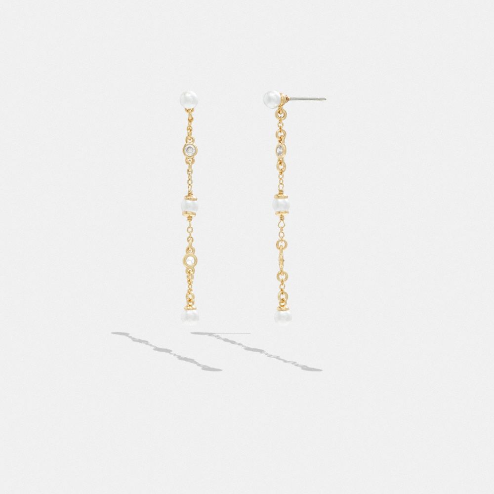COACH®,CLASSIC PEARL LINEAR EARRINGS,Plated Brass,Gold/Pearl,Front View image number 0