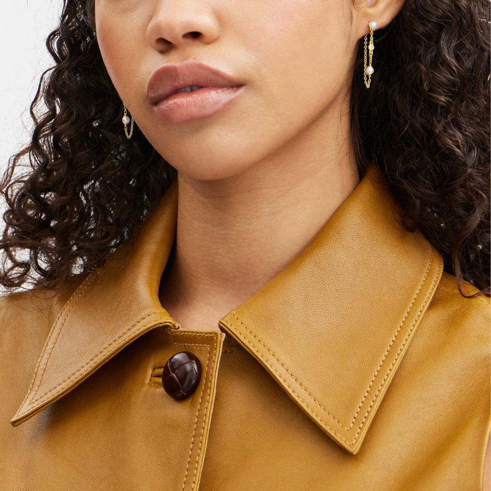 COACH®,Classic Pearl Chain Earrings,Ear Jacket,Cubic Zirconia,Pearl,Glass,Crystal,Pearl,Gem Embellishment,Brass,Titanium,D...,White,Detail View