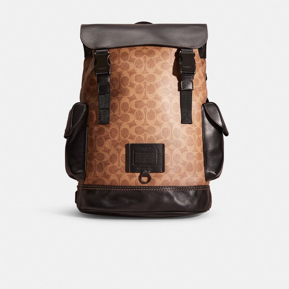 COACH®,RESTORED RIVINGTON BACKPACK IN SIGNATURE CANVAS,Signature Coated Canvas,Black Copper/Khaki,Front View