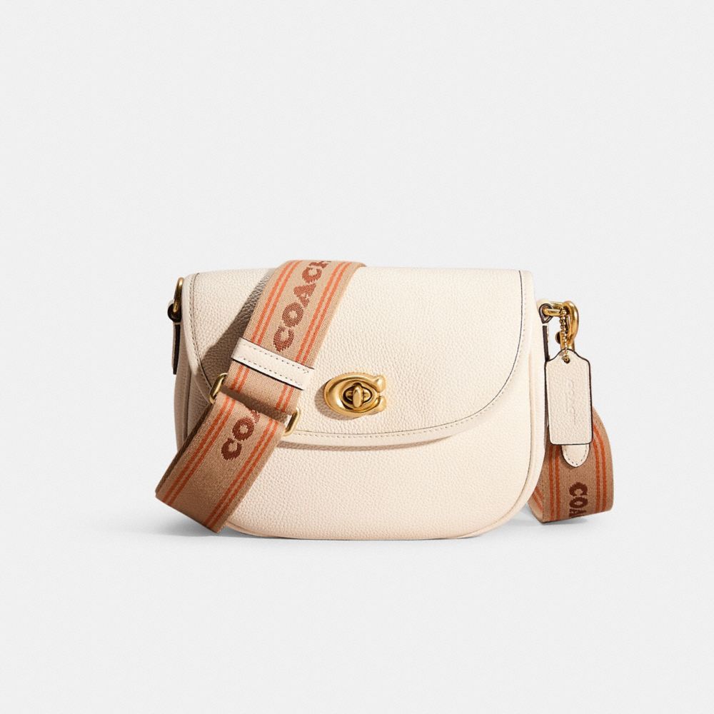 COACH®,Restored Willow Saddle Bag,Saddle Bag,Metal,Stripe,Logo,Pen Holder,Casual,Cream,Front View