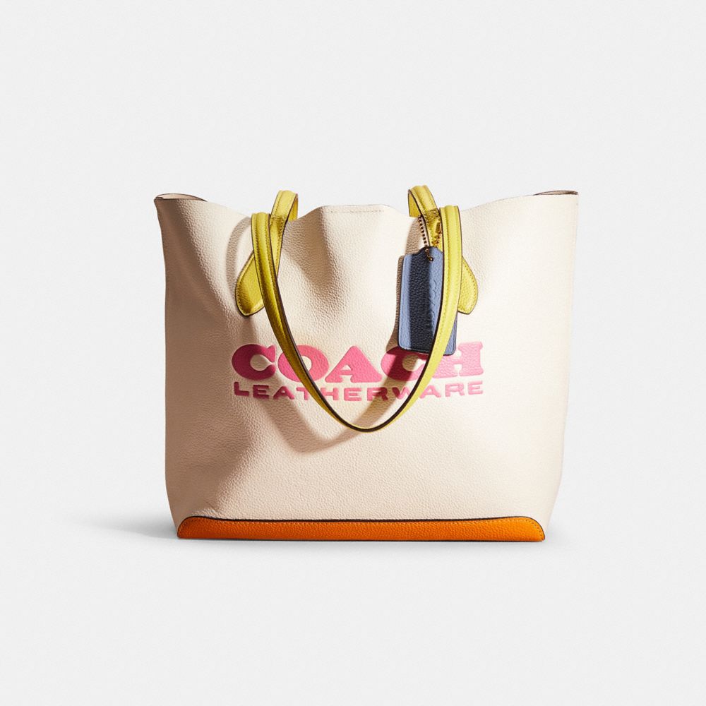 COACH®,RESTORED KIA TOTE IN COLORBLOCK,Pebble Leather,Large,Brass/Chalk Multi,Front View