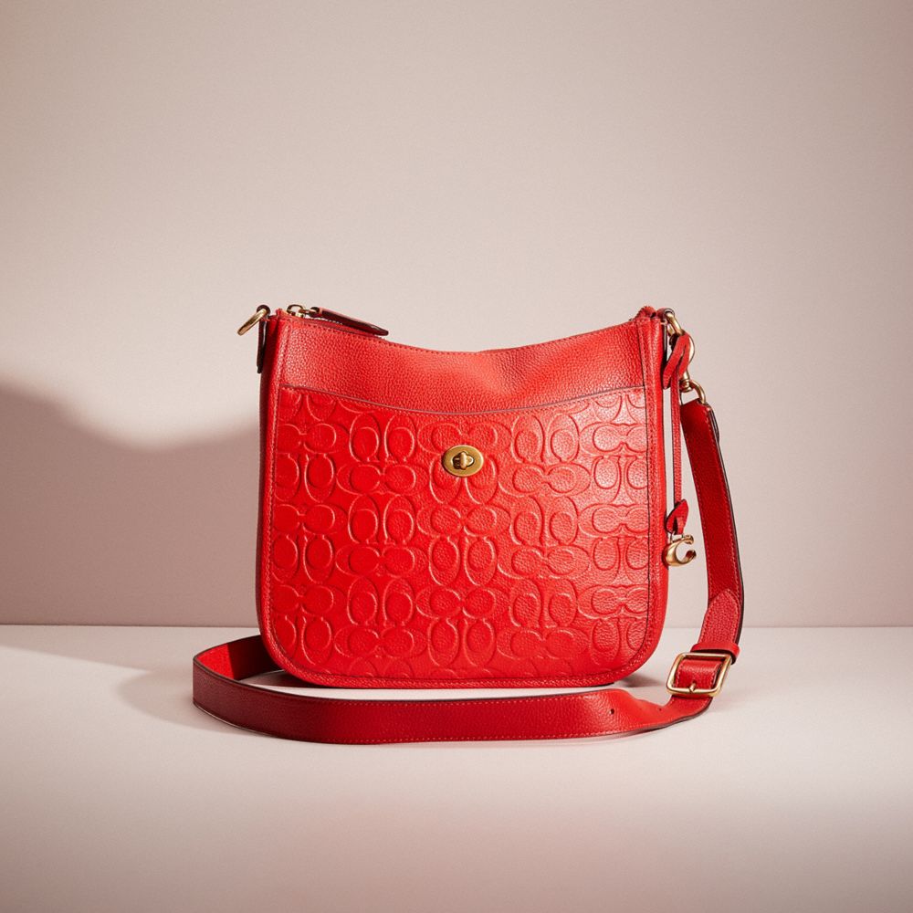 COACH®,RESTORED CHAISE CROSSBODY IN SIGNATURE LEATHER,Polished Pebble Leather,Brass/Sport Red,Front View