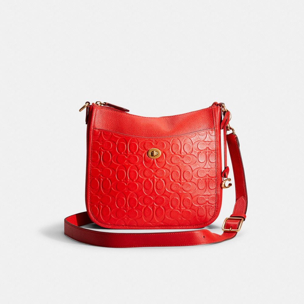 COACH®,RESTORED CHAISE CROSSBODY IN SIGNATURE LEATHER,Polished Pebble Leather,Brass/Sport Red,Front View