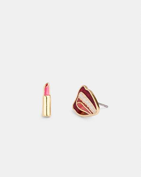 COACH®,COACH X TOM WESSELMANN LIPS AND LIPSTICK STUD EARRINGS,Gold/Red,Front View