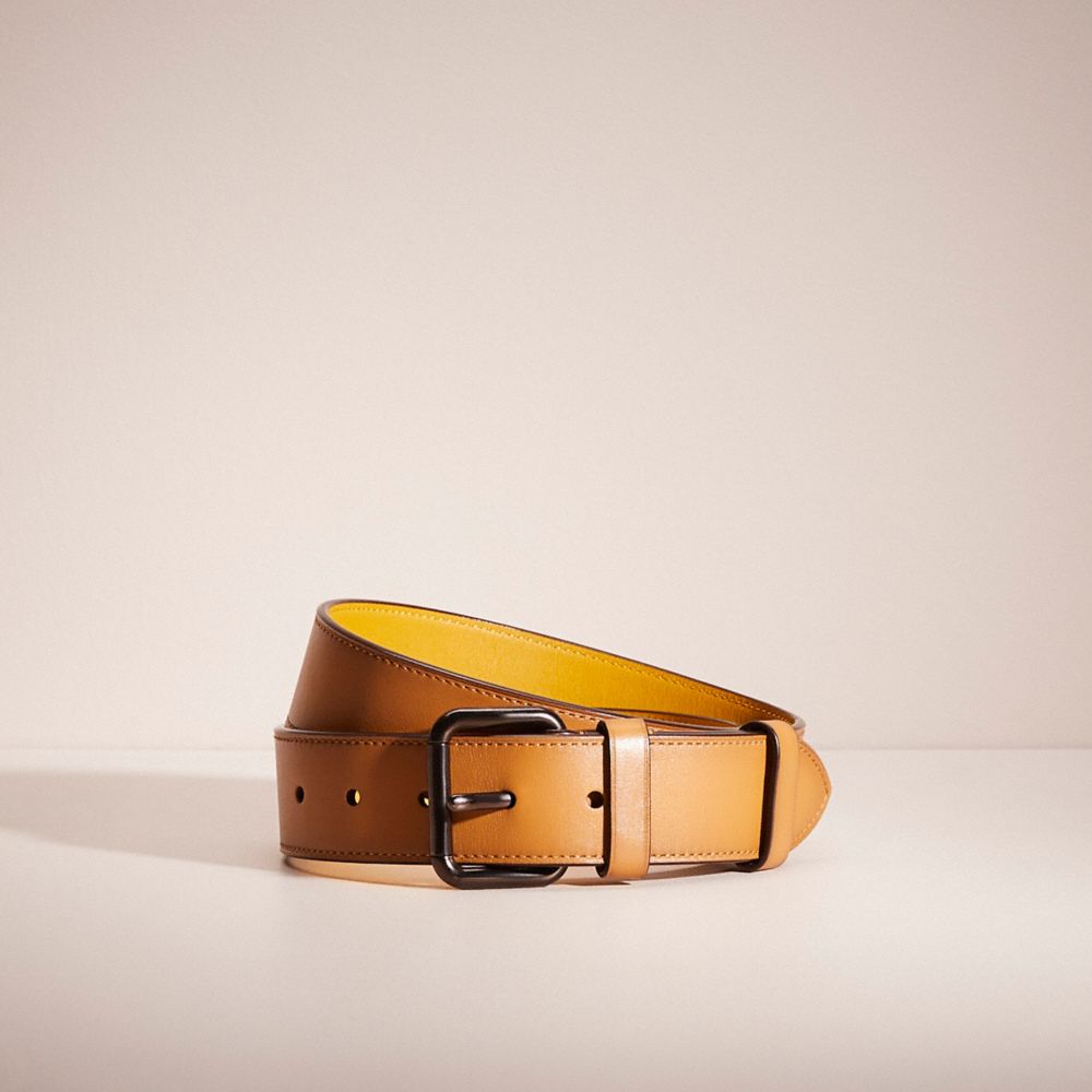 COACH®,RESTORED ROLLER BUCKLE BELT, 38MM,Refined Calf Leather,Toffee/Flax,Front View