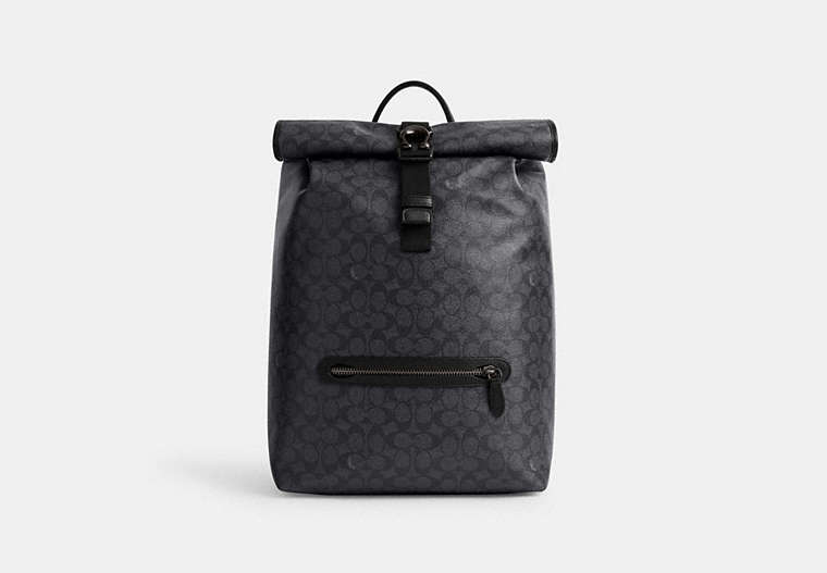 COACH®,BECK ROLL TOP BACKPACK IN SIGNATURE CANVAS,Signature Coated Canvas,X-Large,Charcoal,Front View image number 0