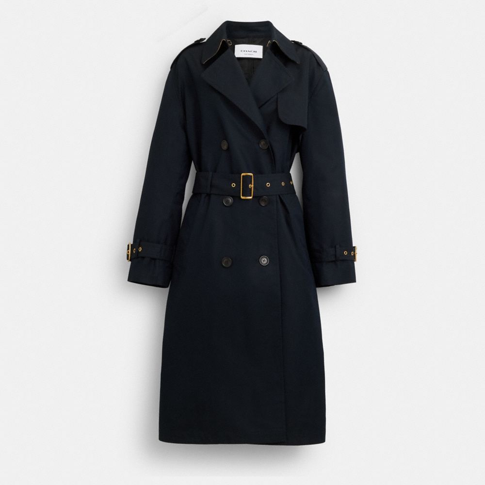 COACH®,TONAL MIXED MATERIAL TRENCH COAT,Midnight Navy,Front View