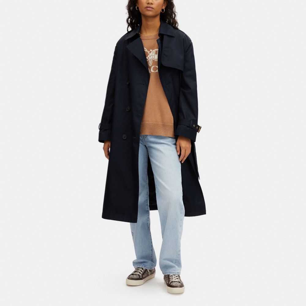 COACH®,TONAL MIXED MATERIAL TRENCH COAT,Midnight Navy,Scale View