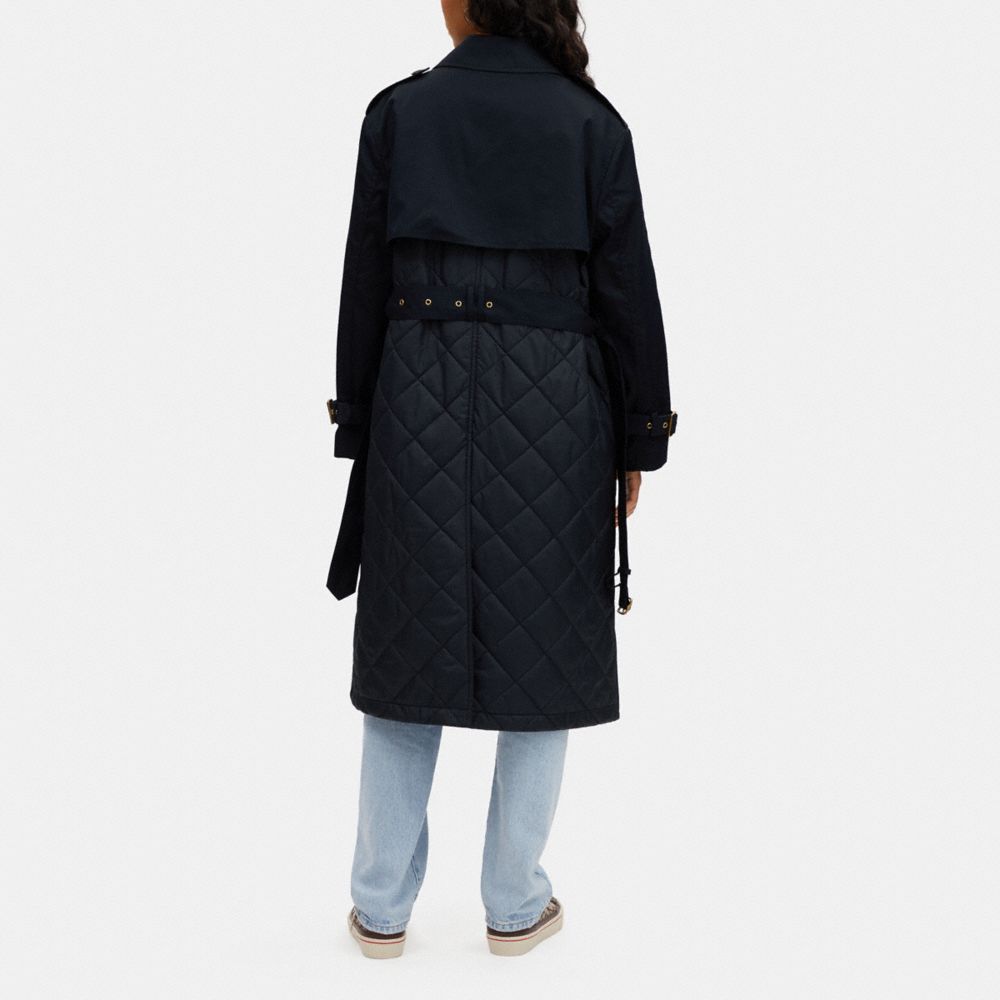 COACH®,Tonal Mixed Material Trench Coat,Cotton,Viscose,Polyester,Trench,Button,Work,Black,Scale View