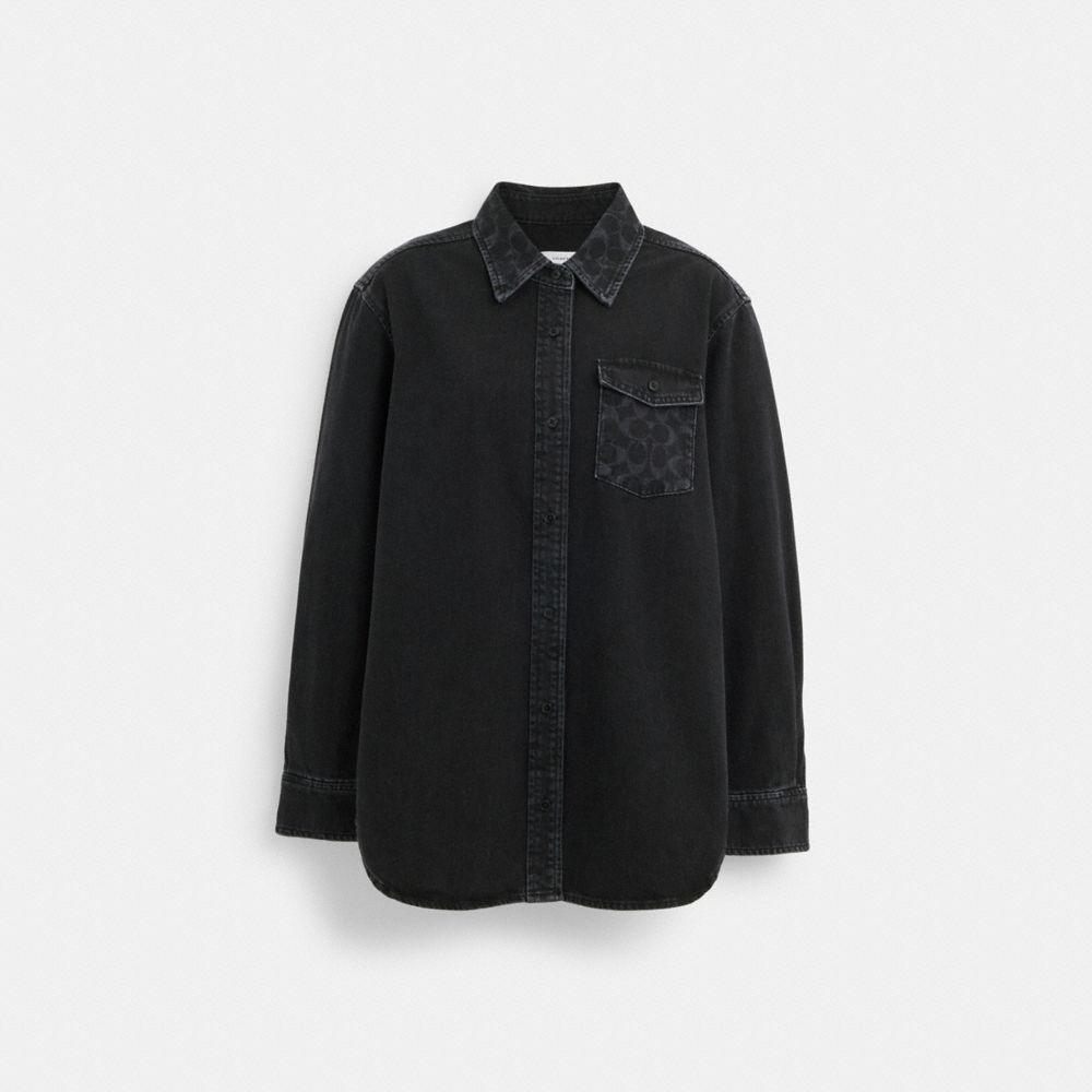 COACH®,BLACK SIGNATURE DENIM BUTTON DOWN,Black,Front View